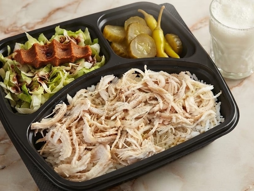 Denizli Albayrak Pilavcısı tavuklu pilav porsiyonu; yanında çiğ köfteli salata, turşu ve ayran